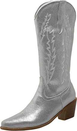 Generic Cowboys Boots European and American Womens Tube Fluorescent Pointed Adult Boots Thick Heel Shoes Boots Flat Boots for Women Uk (Silver, 8)