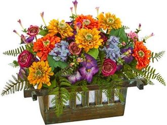 Nearly Natural Mixed Floral Artificial Arrangement in Rectangular Wood Planter in Multicolor at Nordstrom