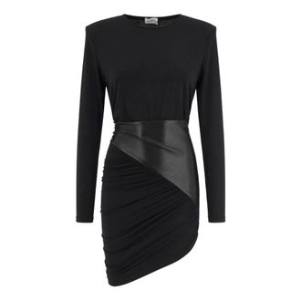 Andamane Kleedjes, Dames, Zwart, XS, Leer, Asymmetrische korte jurk met draperie
