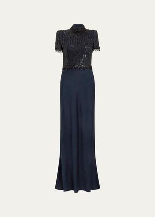 Jenny Packham Trinity Embellished Strong-Shoulder Satin Gown