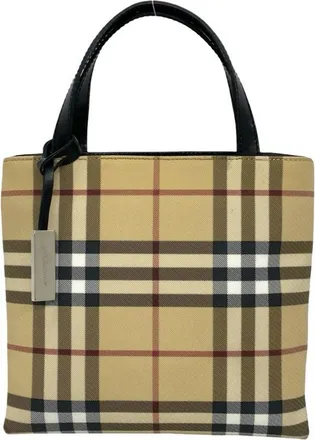 Burberry Beige Black Canvas Leather Handbag Tote Bag (Pre-Owned)