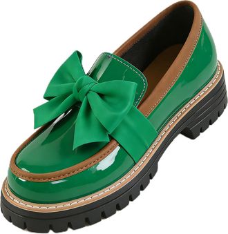 Generic Womens Patent Loafers Wide Width, Elegant Bow Loafers for Women Chunky Platform Loafer Casual Comfortable Dress Shoes (Green,6.5)