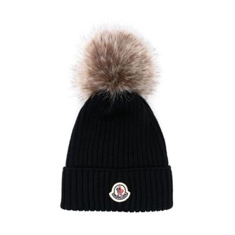 Moncler Wool Beanie with Pom Pom - Dames - Hoeden - Blauw - S - Wol - Accessoires