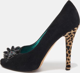 Giuseppe Zanotti Black Suede Crystal Embellished Peep Toe Platform Pumps
