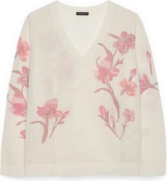 Fiorella Rubino Gebreide top met openwork en bloemenprint - Dames - V-hals truien - Wit - XL - Katoen - Truien & Vesten