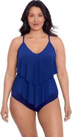 Trimshaper Ronnie 2 Tier Ruffle Tankini Swimsuit Top in Ink at Nordstrom, Size 14