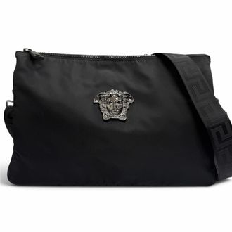Versace Black Nylon Leather Clutch Bag Shoulder Bag (Pre-Owned)