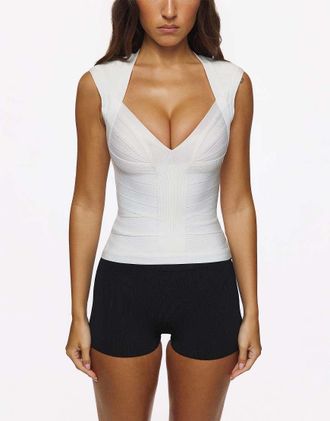 House of CB top bianco vero con scollo a V e vita sagomata