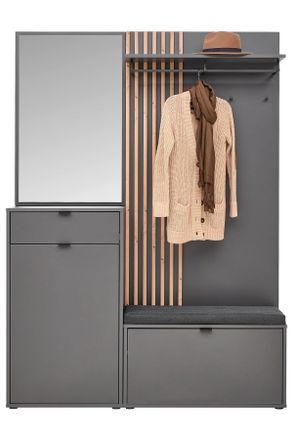 Voleo Garderobe, Graphitfarben, Eiche Artisan, Glas, Textil, Holzwerkstoff, 1 Schubladen, 143.5x198x40 cm, FSC MIX, Garderobe, Garderoben-Sets & Garderoben-