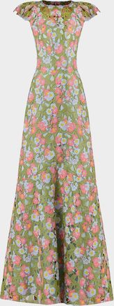 Shoshanna Raven Cap-Sleeve Floral Lace Gown
