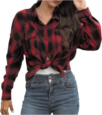 Generic Checked Shirts Womens UK Flannel Long Sleeve V Neck Lapel Collar Gingham Tops Boyfriend Button Down Blouse with Pocket Ladies Oversized Lightweight Pl