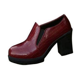 Generic Red Ladies Casual Fashion Patterned Round Toe Shallow Mouth Loafer Shoes with Thick Heel High Heels for Comfort Design