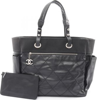 Chanel Black Coated Canvas Leather Handbag Pouch Tote Bag (Pre-Owned)