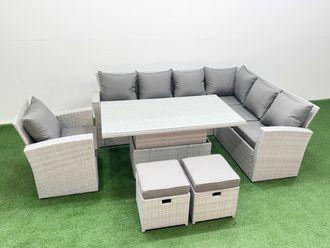 Fimous 9 Seat Rattan Garden Furniture Corner Sofa Set with 2 Small Footstools in Light Grey