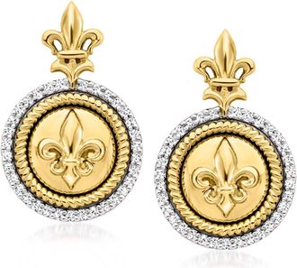 Ross-Simons Diamond Fleur-De-Lis Drop Earrings in 18kt Gold Over Sterling