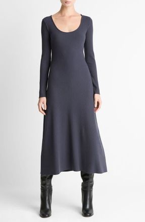 Vince Rib Scoop NeckLong Sleeve Midi Dress in Night Marine at Nordstrom, Size Xx-Small