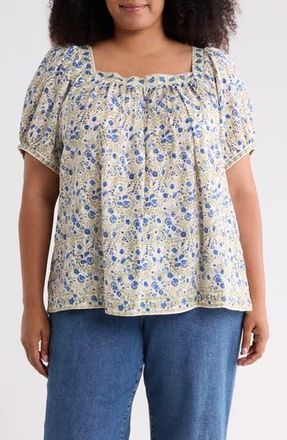 Max Studio Floral Square Neck Puff Sleeve Top in Ecru/Cobalt at Nordstrom Rack, Size 3X