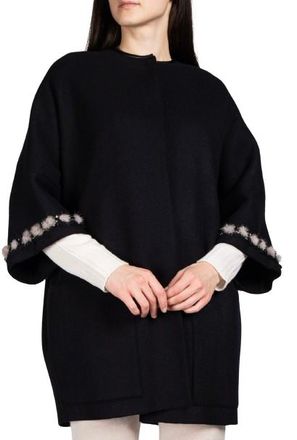 Agnona Black Cashmere Cape with Fur Trim Detail Size M