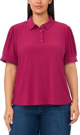 CeCe by Cynthia Steffe Scallop Trim Puff Sleeve Polo in Vivid Plum at Nordstrom, Size 1X