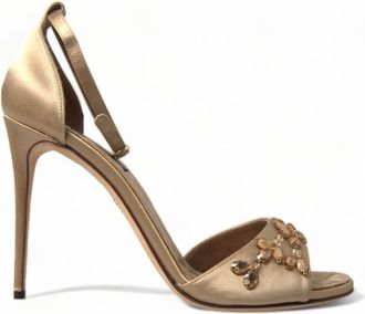 Dolce & Gabbana Gold Satin Ankle Strap Crystal Sandals Womens Shoes