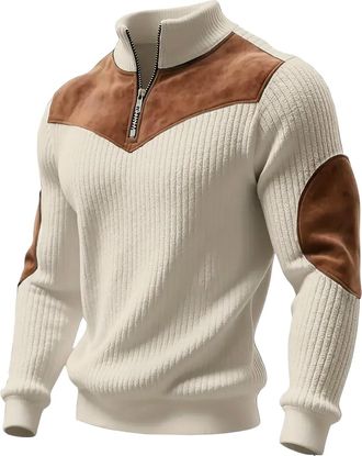 Generic Mens Quarter Zip Pullover Tops Corduroy Elbow Patches Sweatshirts Vintage 1/4 Zipper Mock Neck Long Sleeve Sweaters Su&eacute;ter De Hombre(Beige, M)