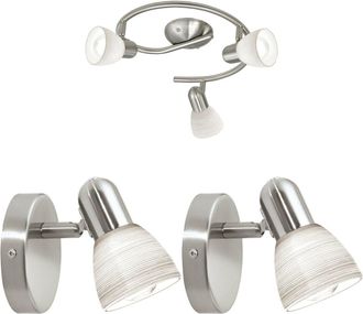 Loops Ceiling Spot Light & 2x Matching Wall Lights Round Satin Nickel Opal Glass Lamp