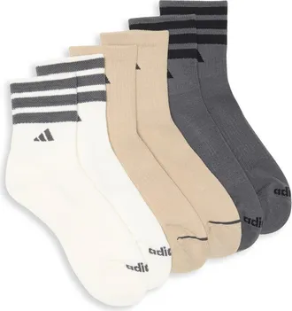 adidas 3-Pack Cushioned 3-Stripe Quarter Crew Socks in Off White/Cargo Khaki/Grey at Nordstrom Rack, Size Large