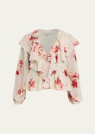 Cinq &agrave; Sept Wilted Poppy Ruffle Chiffon Blouse