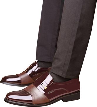 Generic Mens Business Leather Shoes Classic Patent Without Lacing Slip On Loafers Pointed Toe Leather Shoe Block Heel Non Slip Comfy Wide Footwear for Gatheri