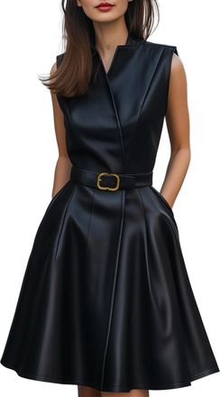 Generic Chic Black Sleeveless V Neck Belted PU Leather Midi Dress for Women Swing Dresses with Pocket Detail