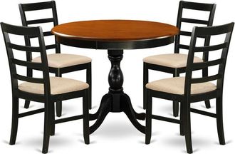 East West Furniture 5-Piece Table Set Consists of a Wood Kitchen Table and 4 Linen Fabric Mid Century Dining Chairs with Ladder Back - Black Finish