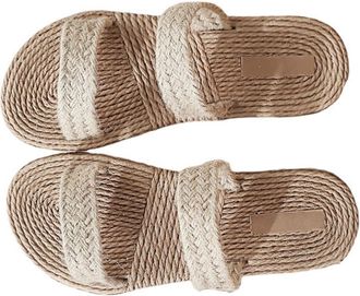 Vosarea Straw Sandals Women Flat Sole Comfortable Beach Slippers for Home Outdoor Casual Wear Woven Sole Lightweight Sandals Suitable for Travel Garden Office