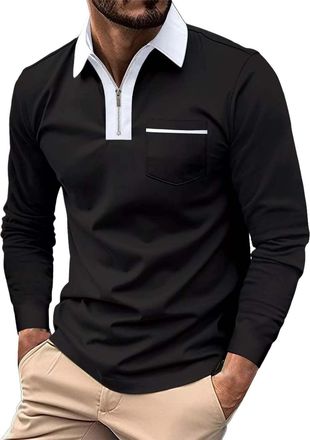 Generic Long Sleeve Golf Polo Shirts for Men UK Breathable Work Golf Polo Shirts Fahion Button Neck Performance Sports Tennis T Shirt, Z01-Black, XL