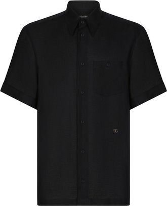 Dolce & Gabbana logo-tag linen bowling shirt - men - Flax - 43 - Black