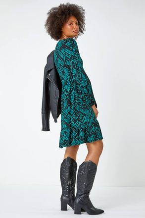 Roman Aztec Print Frilled Hem Stretch Dress