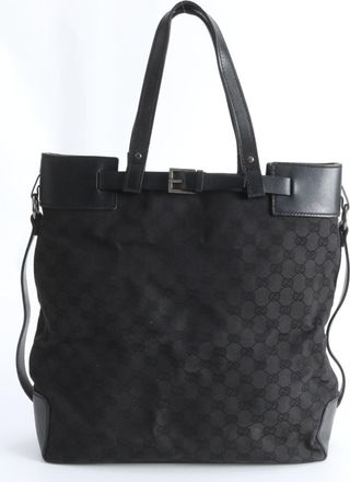 Gucci Gg Canvas Black Gg Canvas Leather Handbag Tote Bag (Pre-Owned)