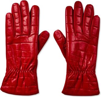 Bottega Veneta Leren handschoenen met krokodillenprint en logo - Dames - Handschoenen - Rood - 6 IN - Leer - Accessoires