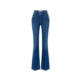 Elisabetta Franchi Jeans, Dames, Blauw, W28, Katoen, Palazzo Jeans met Rij Knopen