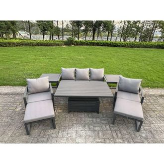 Fimous Aluminum 8-Piece Sofa Set with Lifting Table, 2 Chairs, 2 Big Stools in Dark Grey