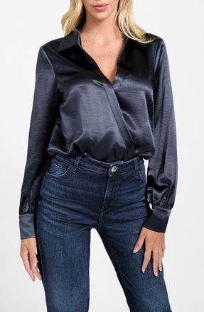 Guess Leah Long Sleeve Satin Bodysuit in Medium Blue at Nordstrom, Size Small