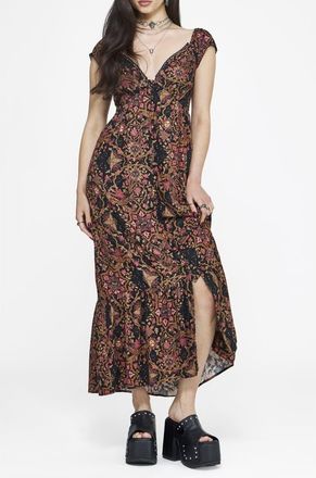 Disturbia Mythos Print Milkmaid Smock Midaxi Dress in Black at Nordstrom, Size 10