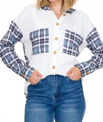 Staccato Waffle Knit Plaid Contrast Long Sleeve Hoodie In Off White