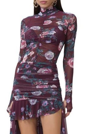 AFRM Rubi Ruched Sheer Mesh Top in Cabernet Bouquet at Nordstrom Rack, Size X-Small