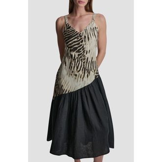 DKNY Colorblock Asymmetric Flounce Linen Dress in Brushed Sandbed/Black at Nordstrom, Size X-Large
