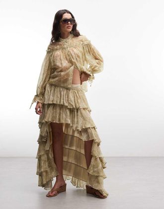 AllSaints Cavarly - Gonna midi asimmetrica verde oro con stampa floreale in pizzo