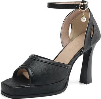 Generic Womens Square Open Toe Satin Bridal Shoes Ankle Strap Dress Pumps with Buckle Chunky Block Heel Platform Wedding Sandals,Black,6.5 UK