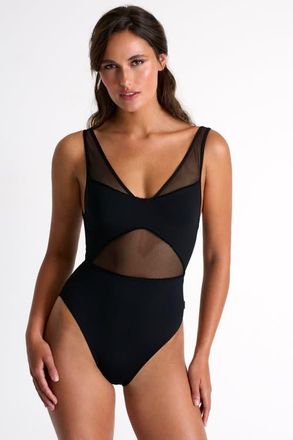 Shan Grid Mesh Plunging One-Piece in Black at Nordstrom, Size 12