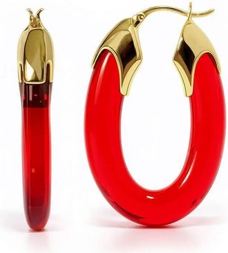 Gold & Honey Womens Carved Oval Lucite Birthstone Hoop Earrings In July - Ruby