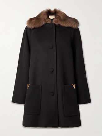 Valentino Garavani Cappotto In Lana Con Finiture In Shearling - Nero
