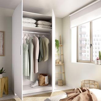 Dmora Armario 2 Puertas Tulot, Ropero De Dormitorio Con Barra, Cajones, Un Estante, 51x204h Cm Blanco